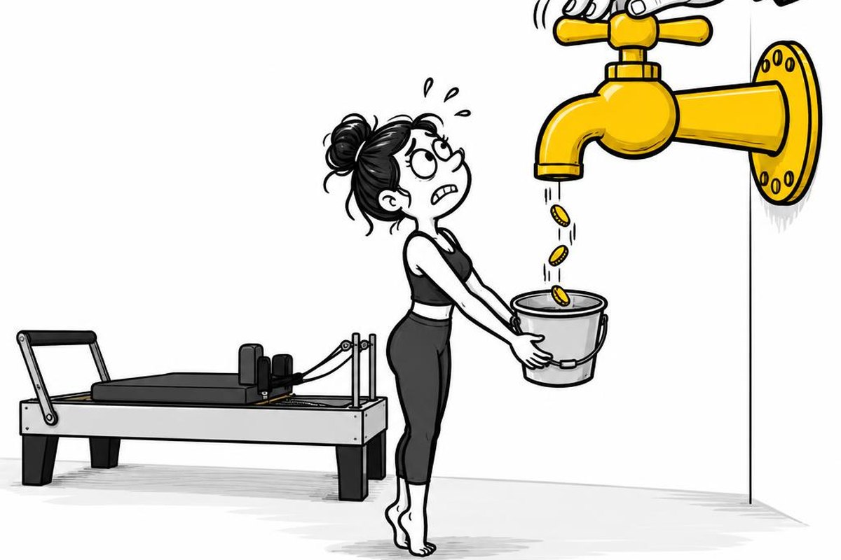 איור: בעלת סטודיו לפילאטיס מחזיקה דלי מתחת לברז יחיד שמטפטף מטבעות, ויד זרה אוחזת בידית הברז