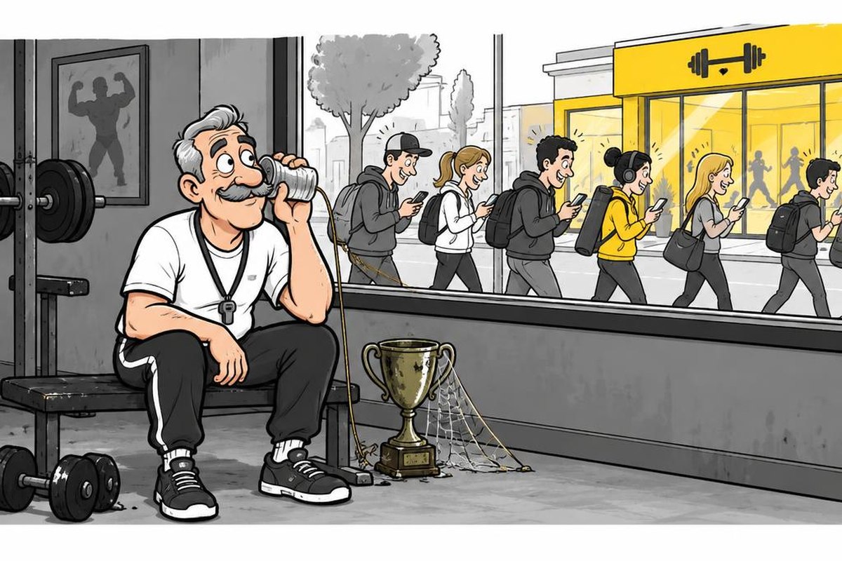 איור: מאמן ותיק יושב בסטודיו ריק ומחכה לשיחה בטלפון מפחית וחוט, ובחוץ אנשים עם סמארטפונים הולכים לסטודיו חדש